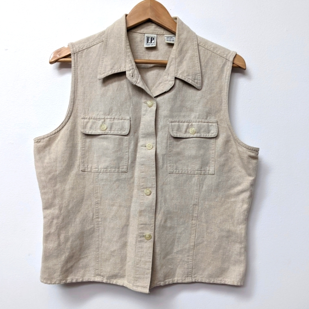F.P Fast Pace Natural Linen and Cotton Blend Sleeveless Laganlook Utility Top